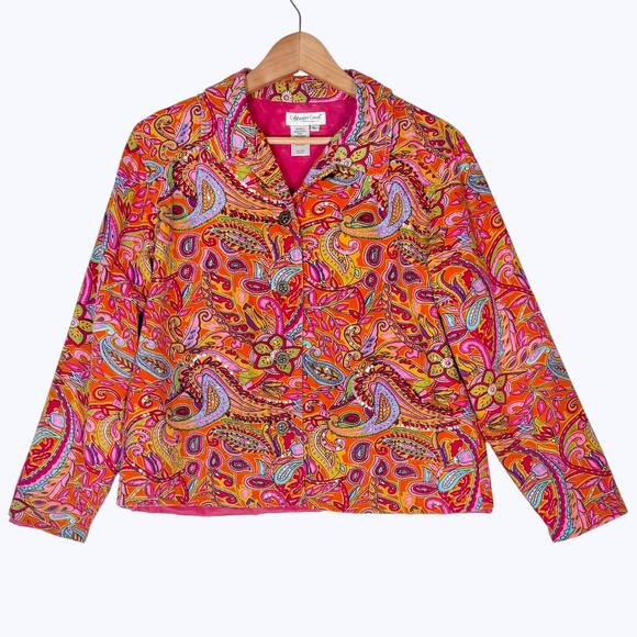 Coldwater Creek Bright Paisley Floral Print Denim Jacket Womens L Boho Rainbow - Picture 1 of 8